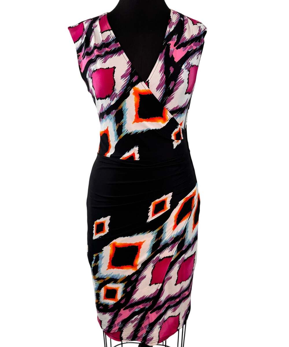 Joseph Ribkoff Midi Bodycon Dress Ikat Pleated Wrap V-Neck Party/Cocktail Size 8